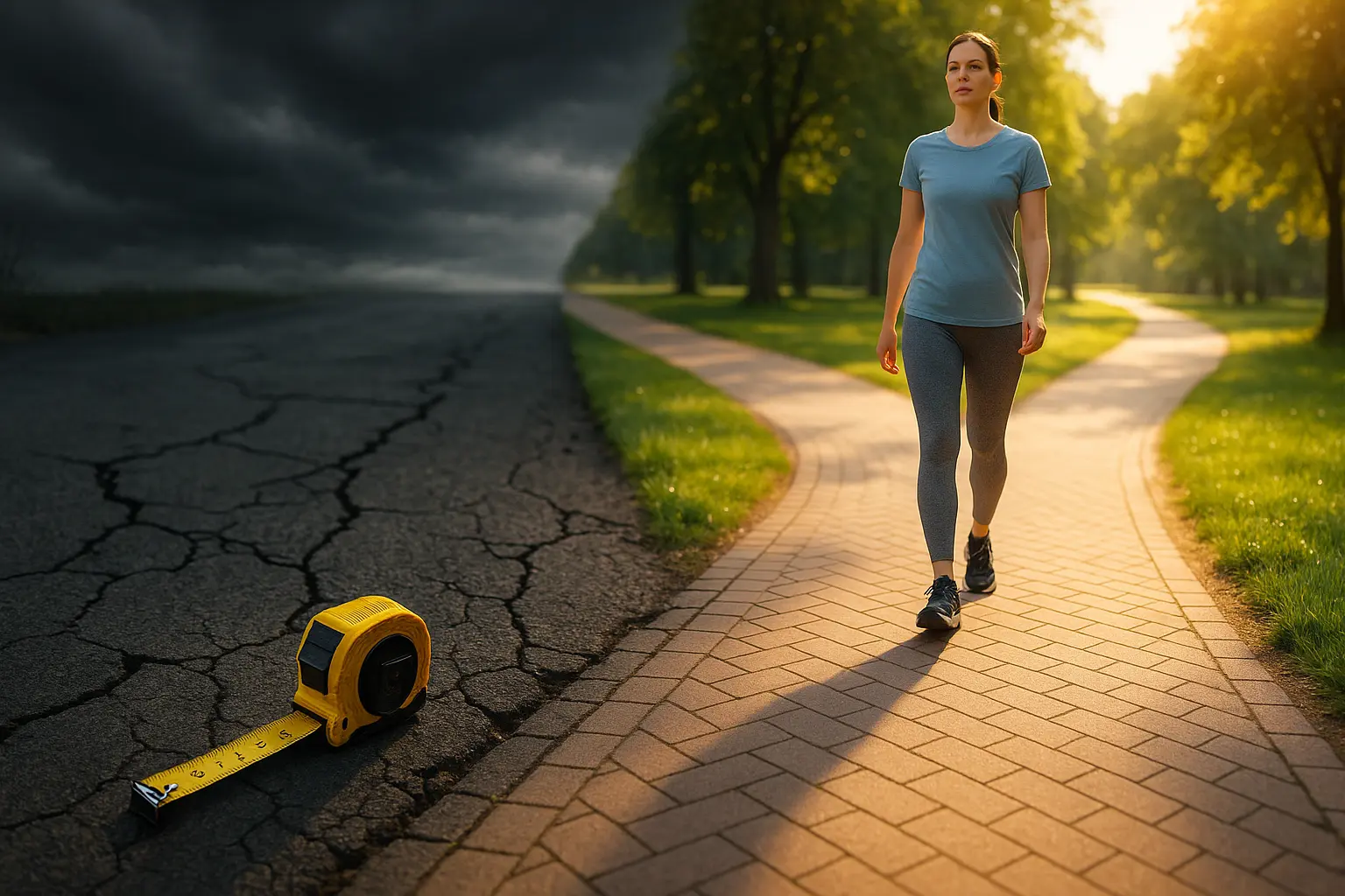 Femme choisissant un chemin ensoleillé au lieu d'une route sombre et craquelée avec un mètre ruban, symbolisant la perte de poids saine contre les régimes extrêmes.